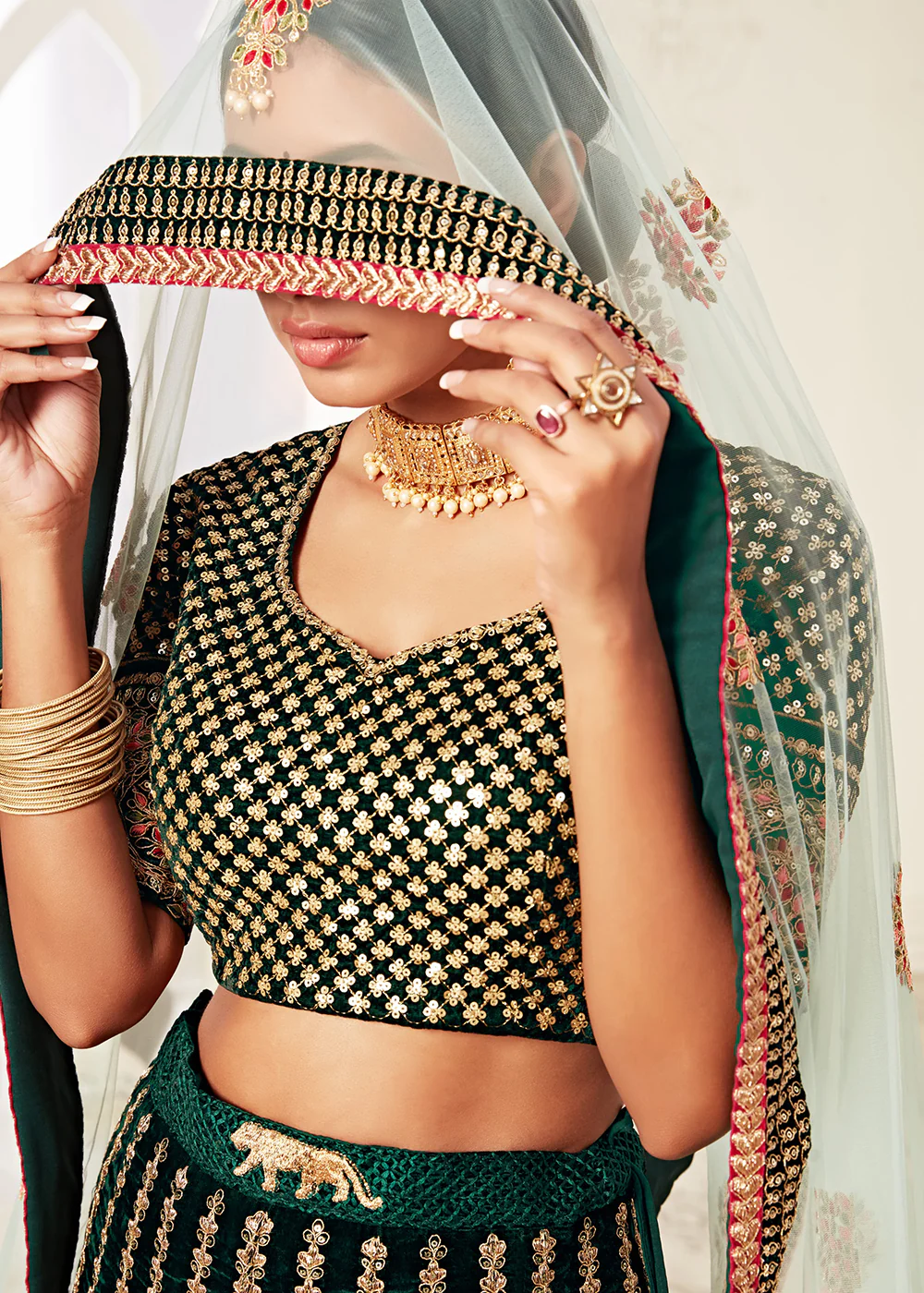 Trendy Green Velvet Embroidered Wedding Lehenga Choli - Image 2