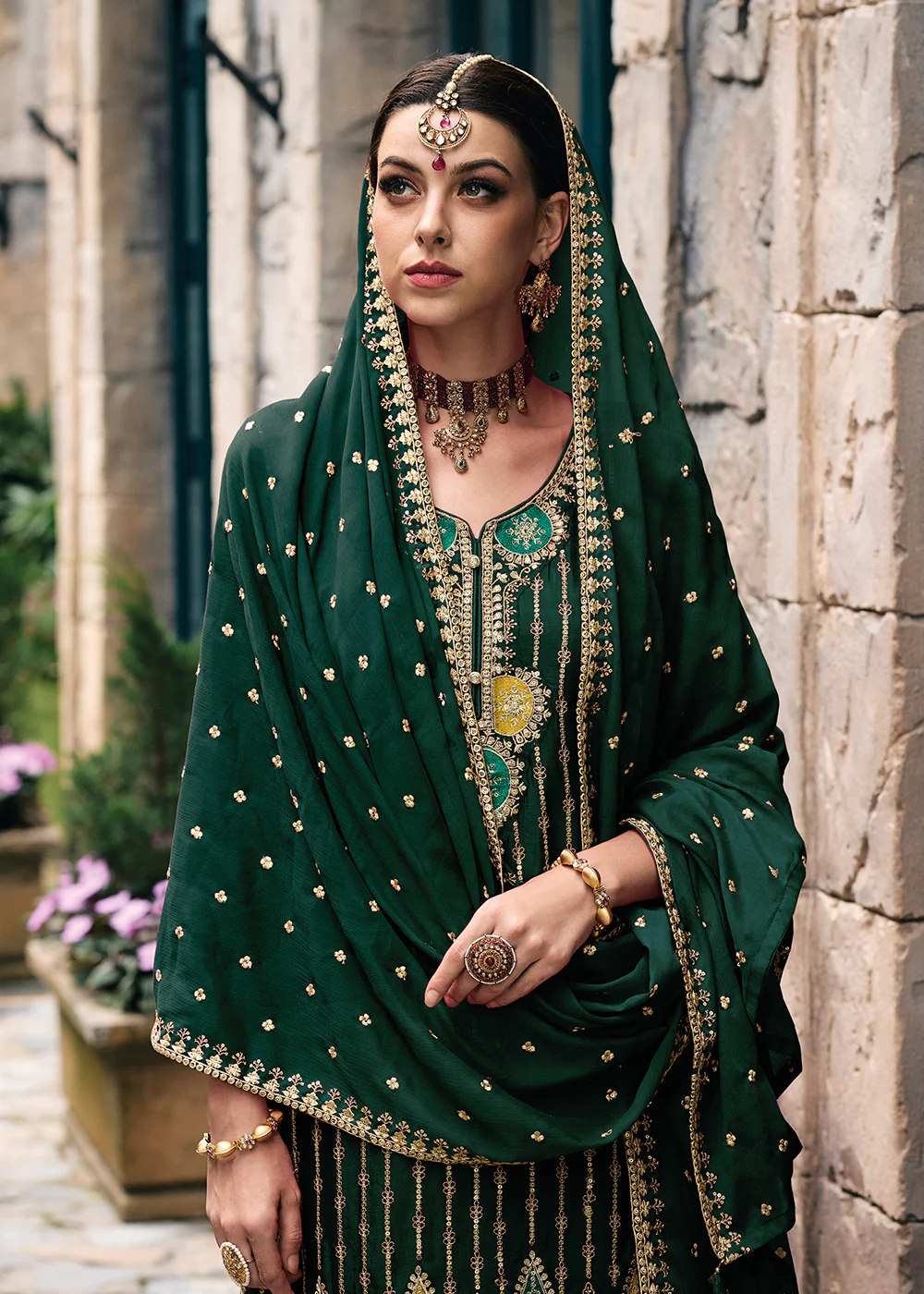 Trendy Heavy Chinnon Green Embroidered Palazzo Suit - Image 2