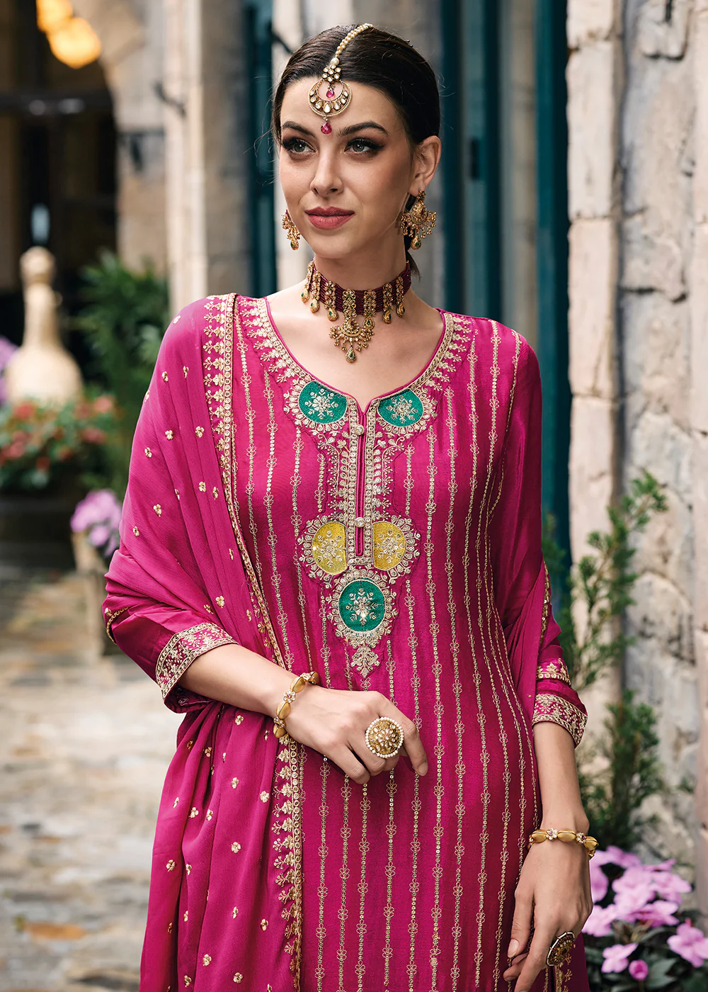 Trendy Heavy Chinnon Pink Embroidered Palazzo Suit - Image 2
