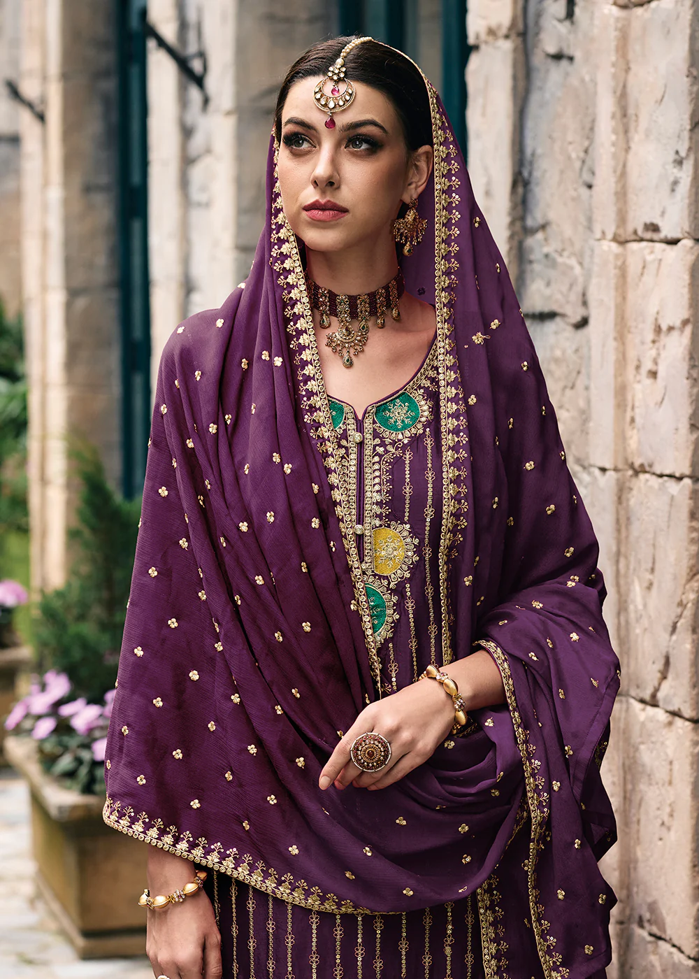 Trendy Heavy Chinnon Purple Embroidered Palazzo Suit - Image 2