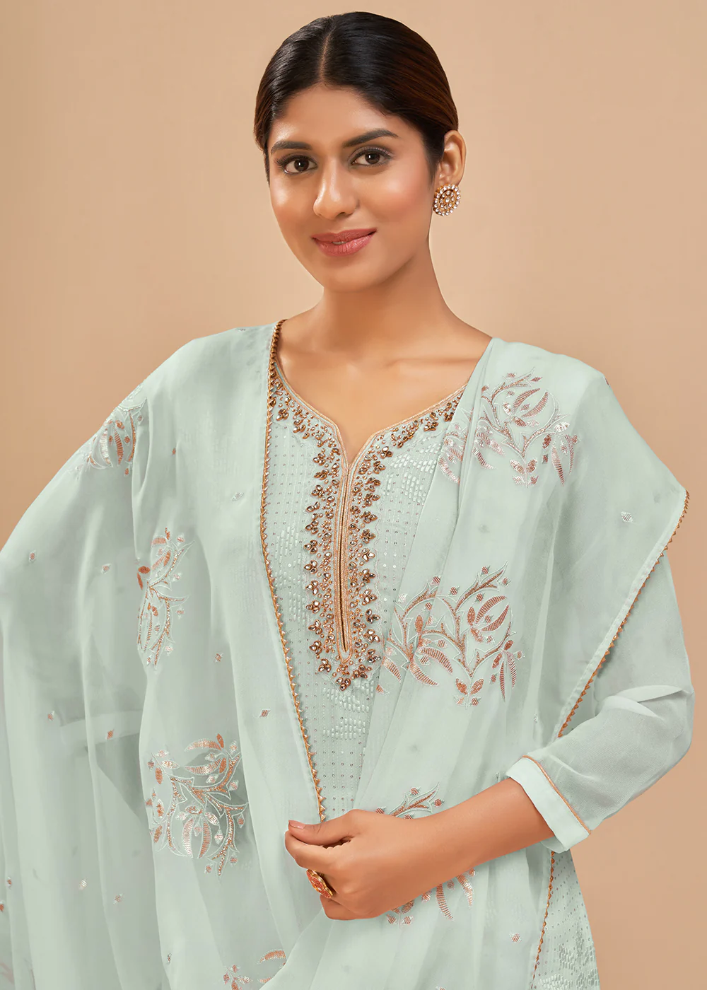Trendy Light Blue Sequins & Khatli Work Festive Palazzo Suit - Image 2