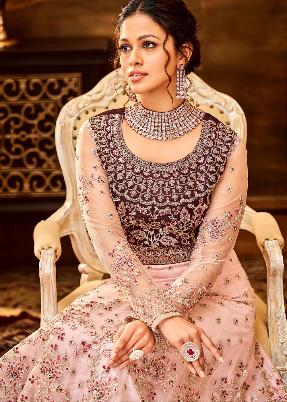 Trendy Light Pink & Wine Embroidered Wedding Anarkali Gown - Image 2