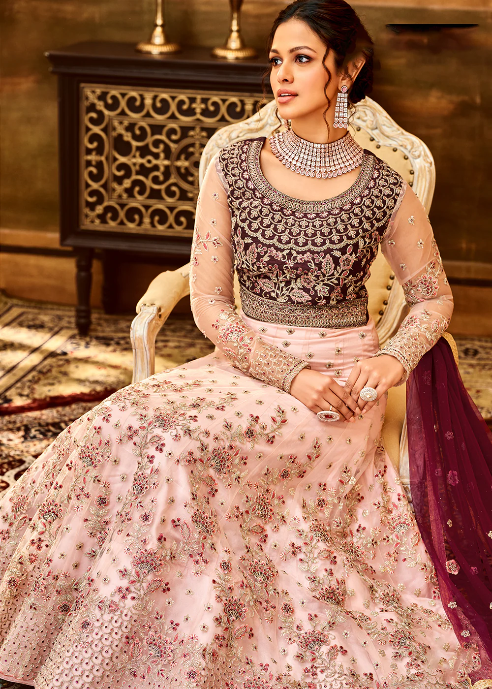 Trendy Light Pink & Wine Embroidered Wedding Anarkali Gown - Image 3
