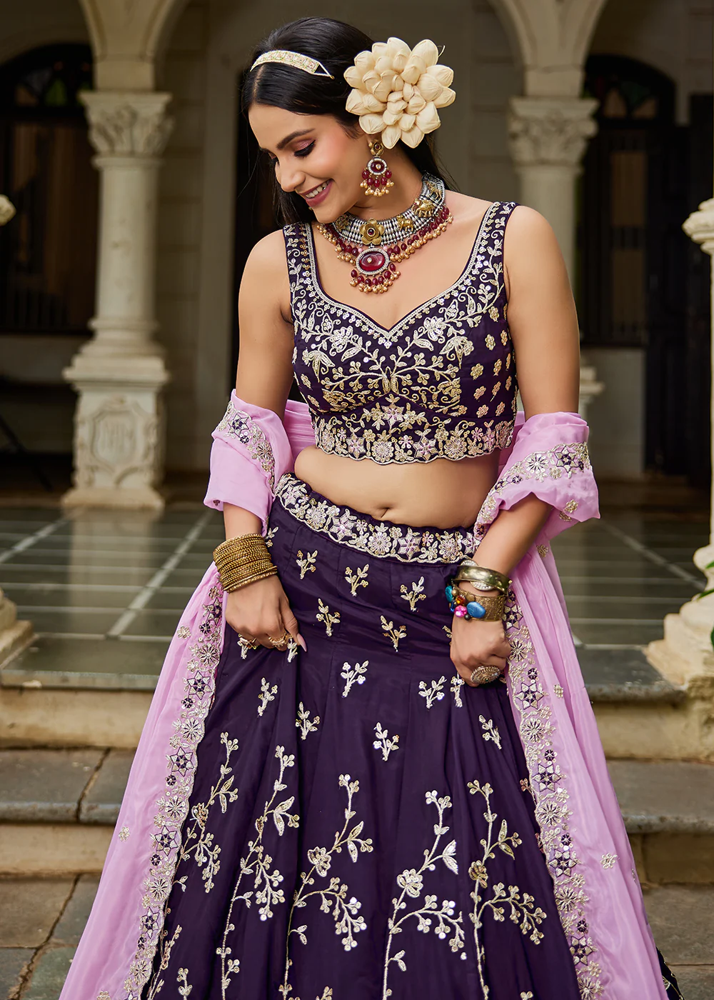 Trendy Magenta Embroidered Organza Wedding Lehenga Choli - Image 2