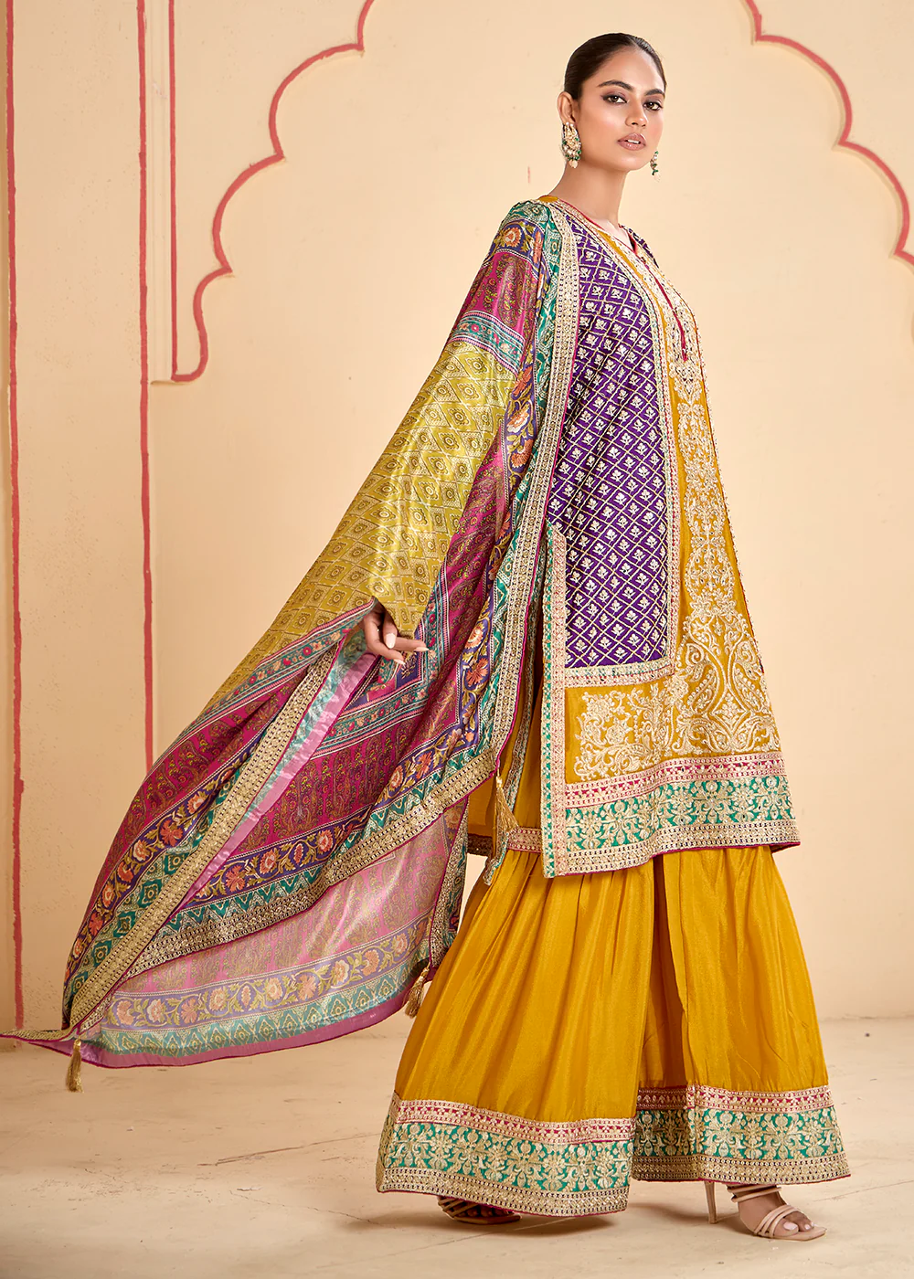 Trendy Multi Mustard Chinnon Embroidered Palazzo Suit - Image 3