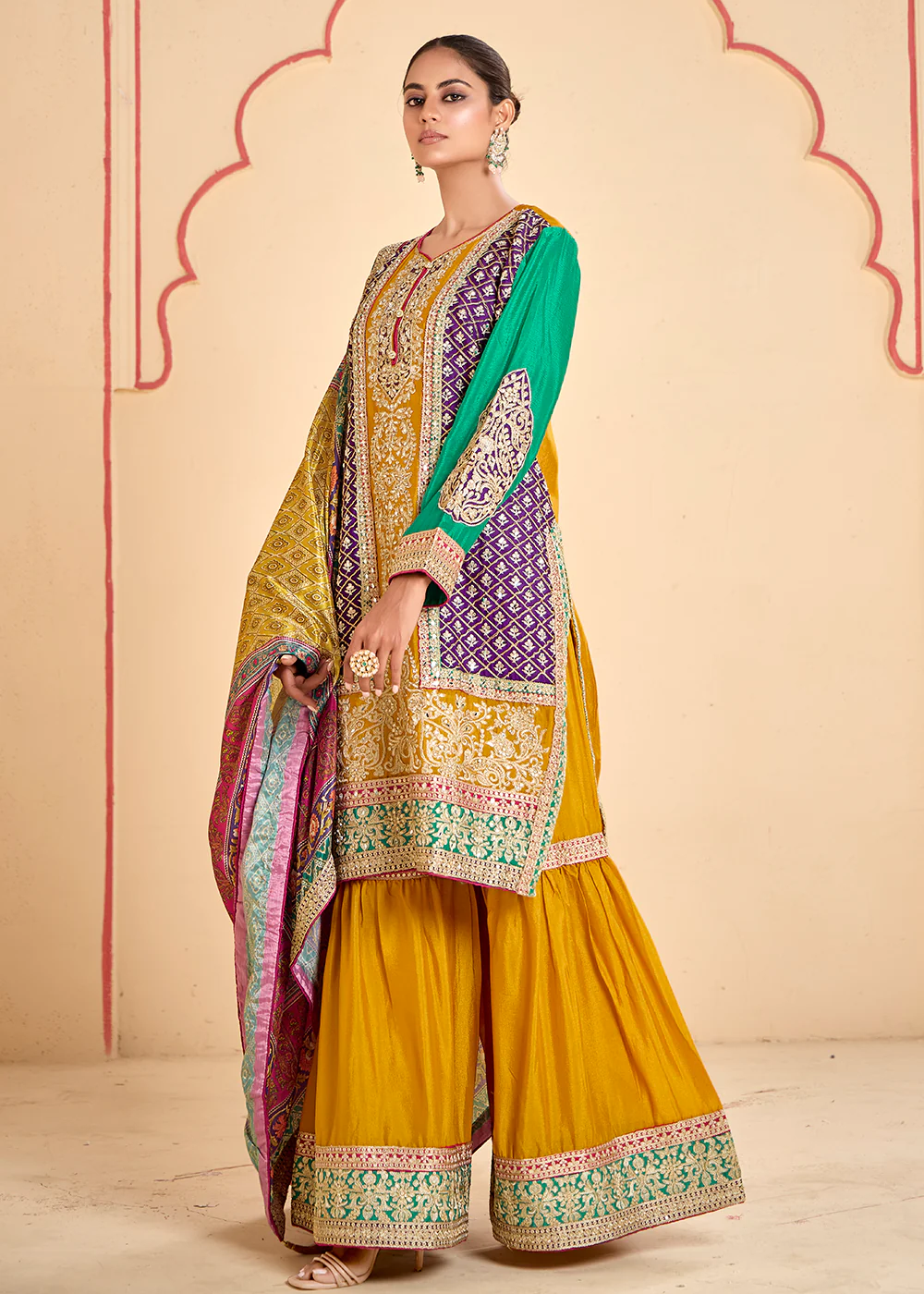 Trendy Multi Mustard Chinnon Embroidered Palazzo Suit - Image 4