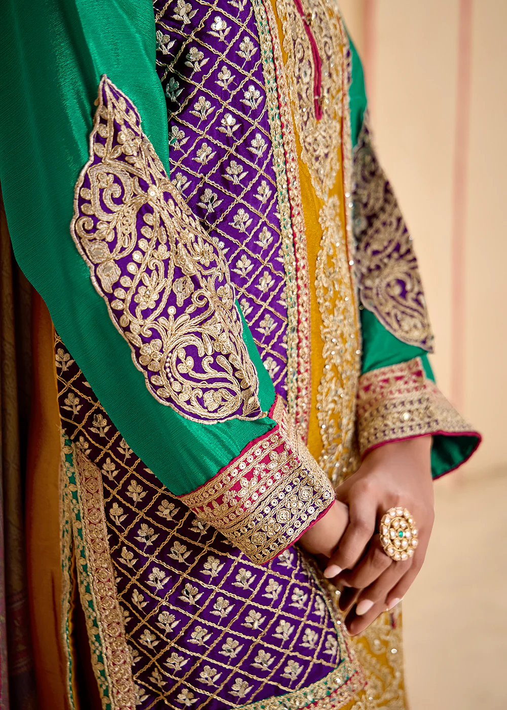 Trendy Multi Mustard Chinnon Embroidered Palazzo Suit - Image 5
