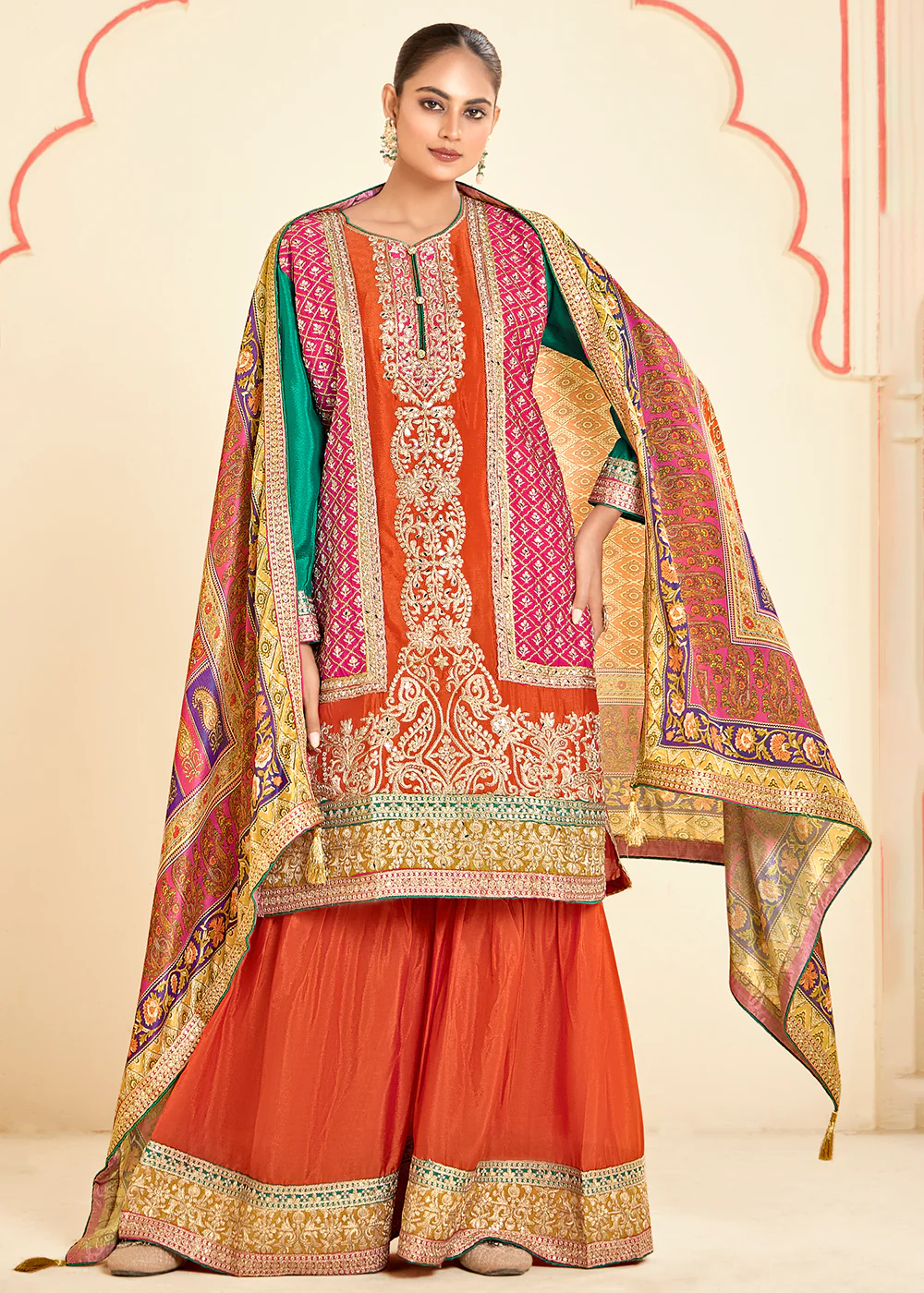 Trendy Multi Orange Chinnon Embroidered Palazzo Suit