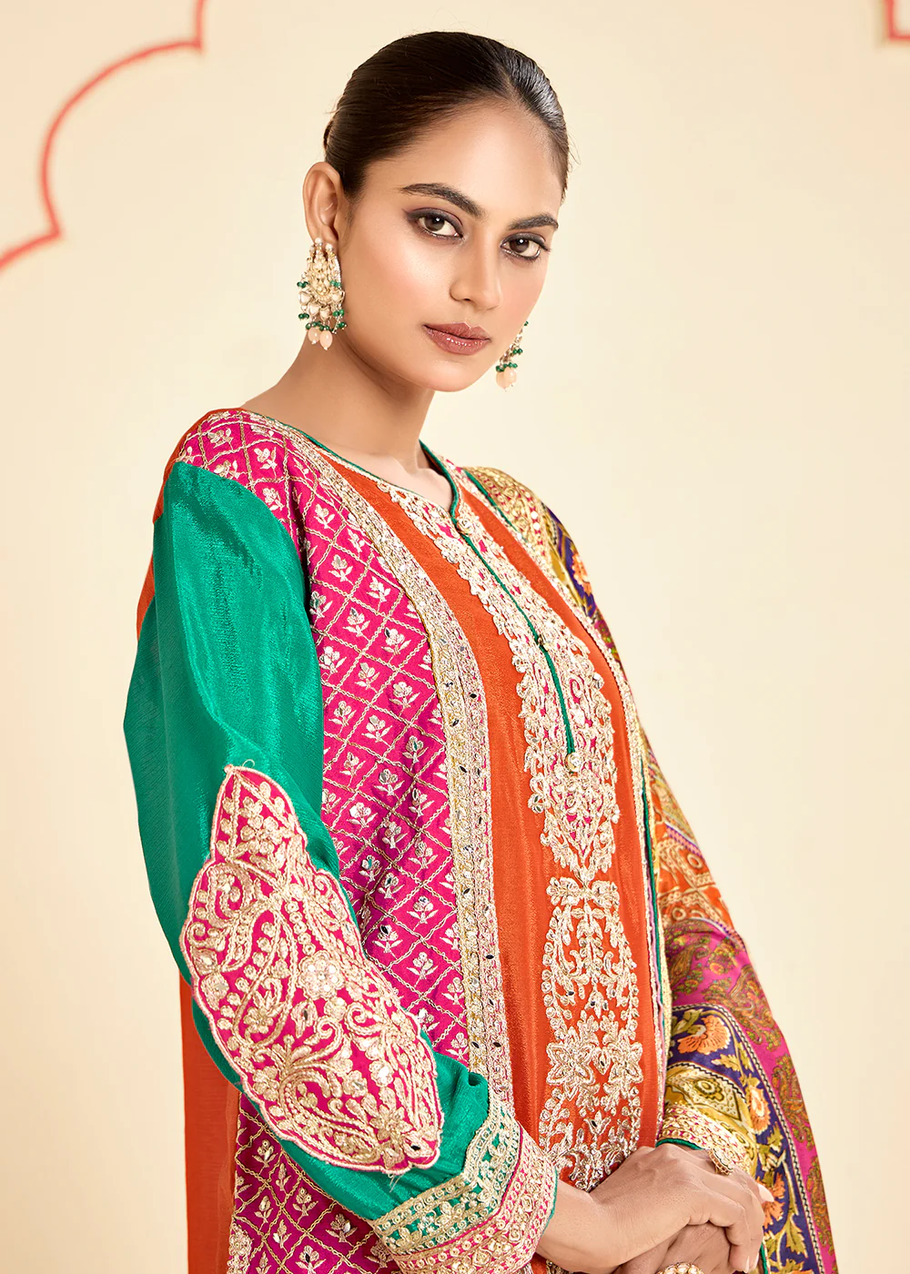 Trendy Multi Orange Chinnon Embroidered Palazzo Suit - Image 2