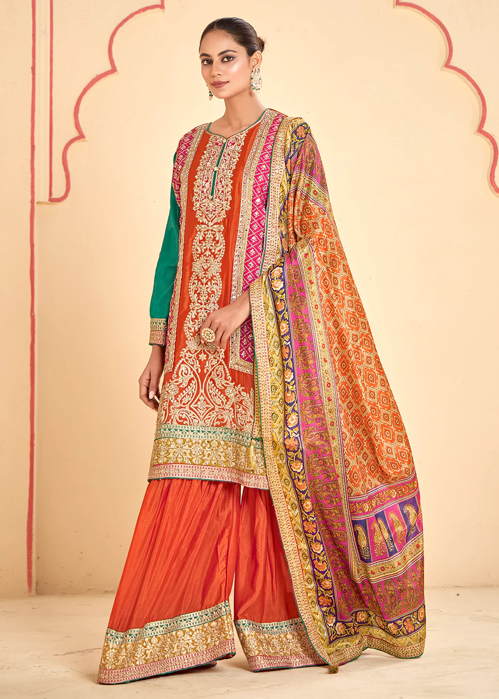 Trendy Multi Orange Chinnon Embroidered Palazzo Suit - Image 3