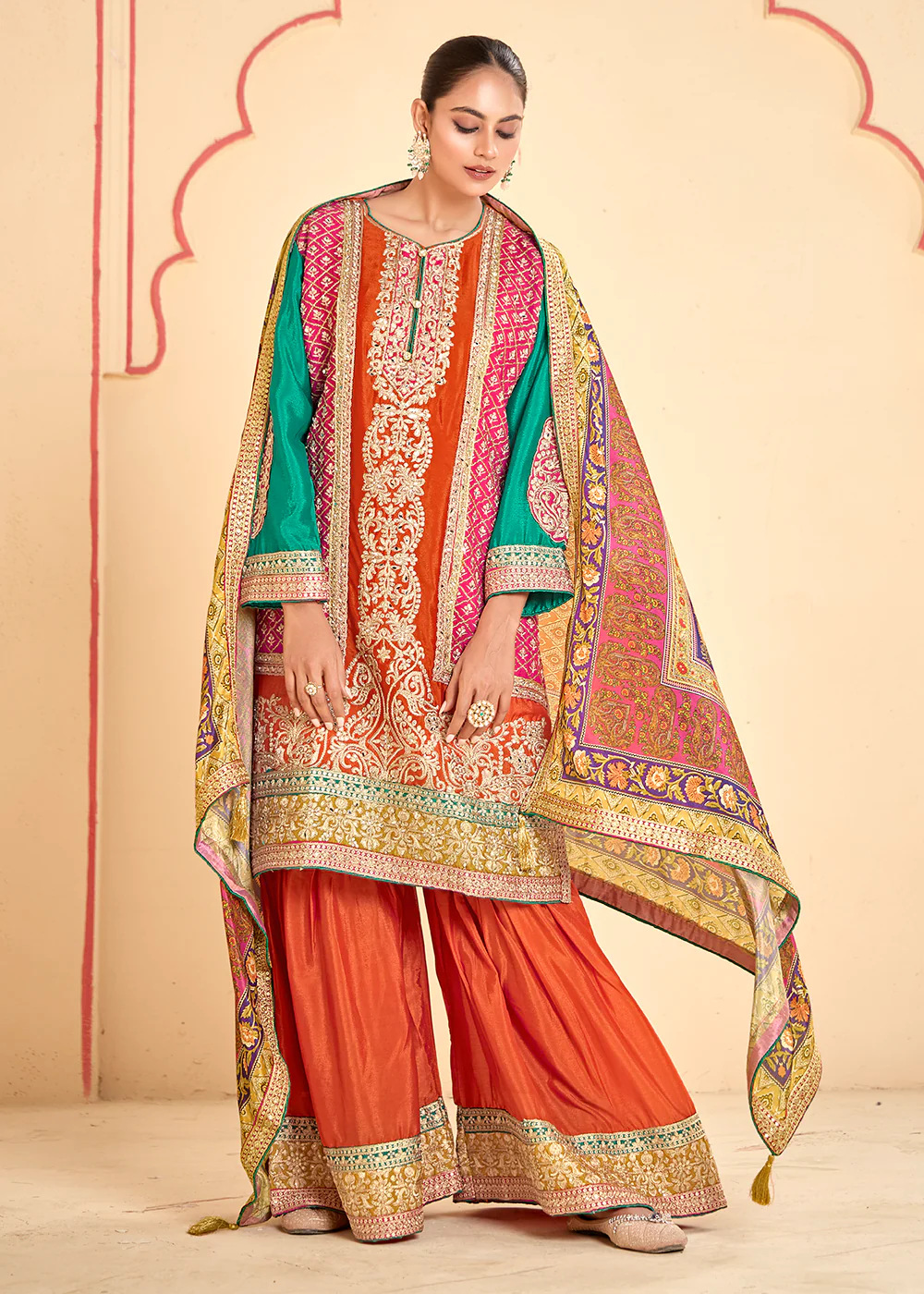 Trendy Multi Orange Chinnon Embroidered Palazzo Suit - Image 4