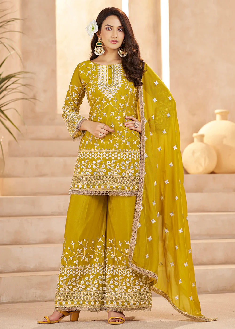 Trendy Mustard Color Embroidered Georgette Palazzo Suit