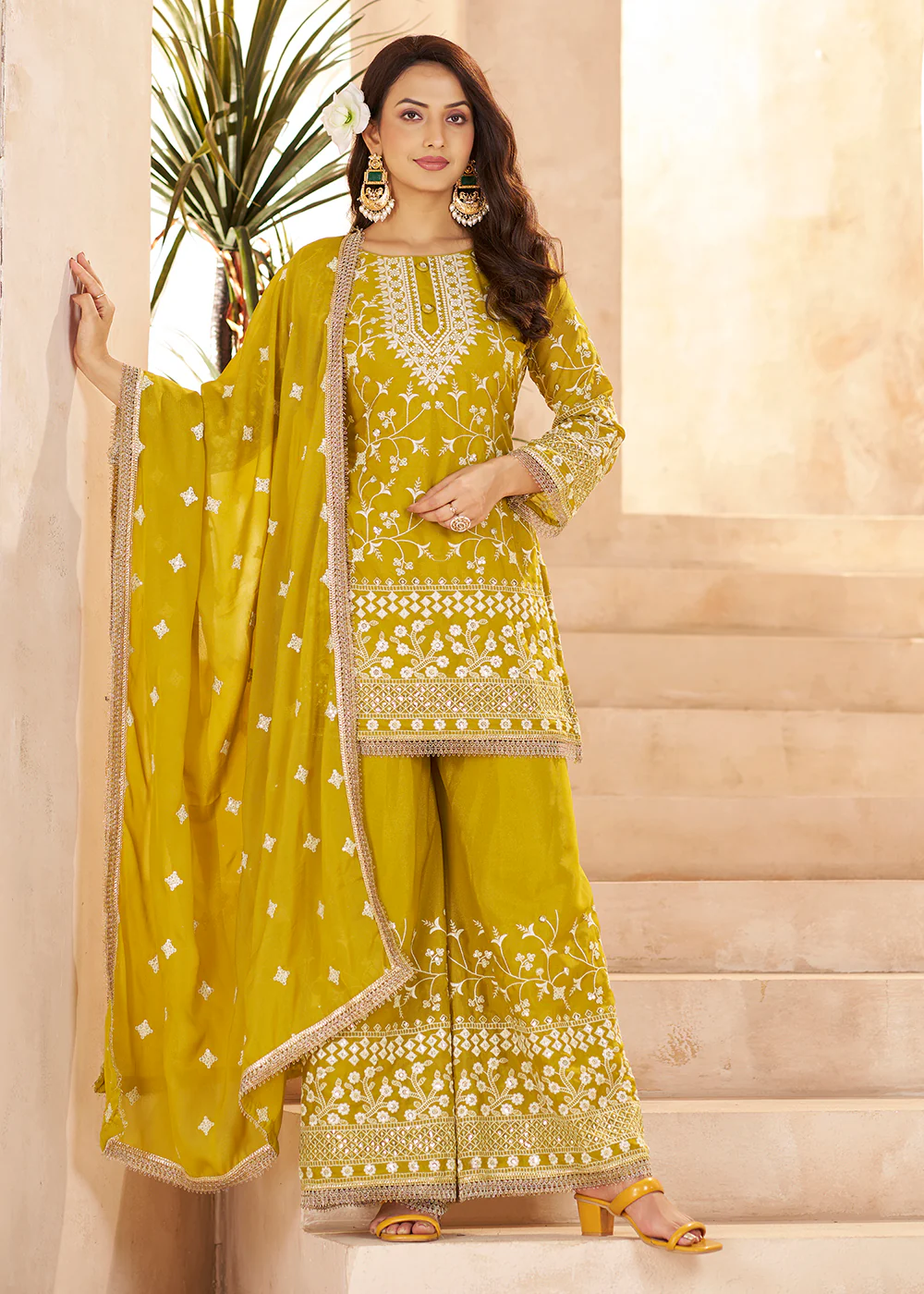 Trendy Mustard Color Embroidered Georgette Palazzo Suit - Image 3