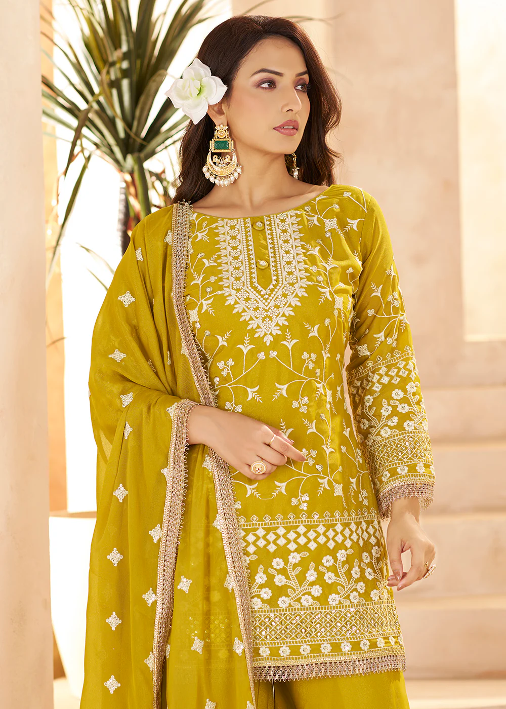 Trendy Mustard Color Embroidered Georgette Palazzo Suit - Image 4