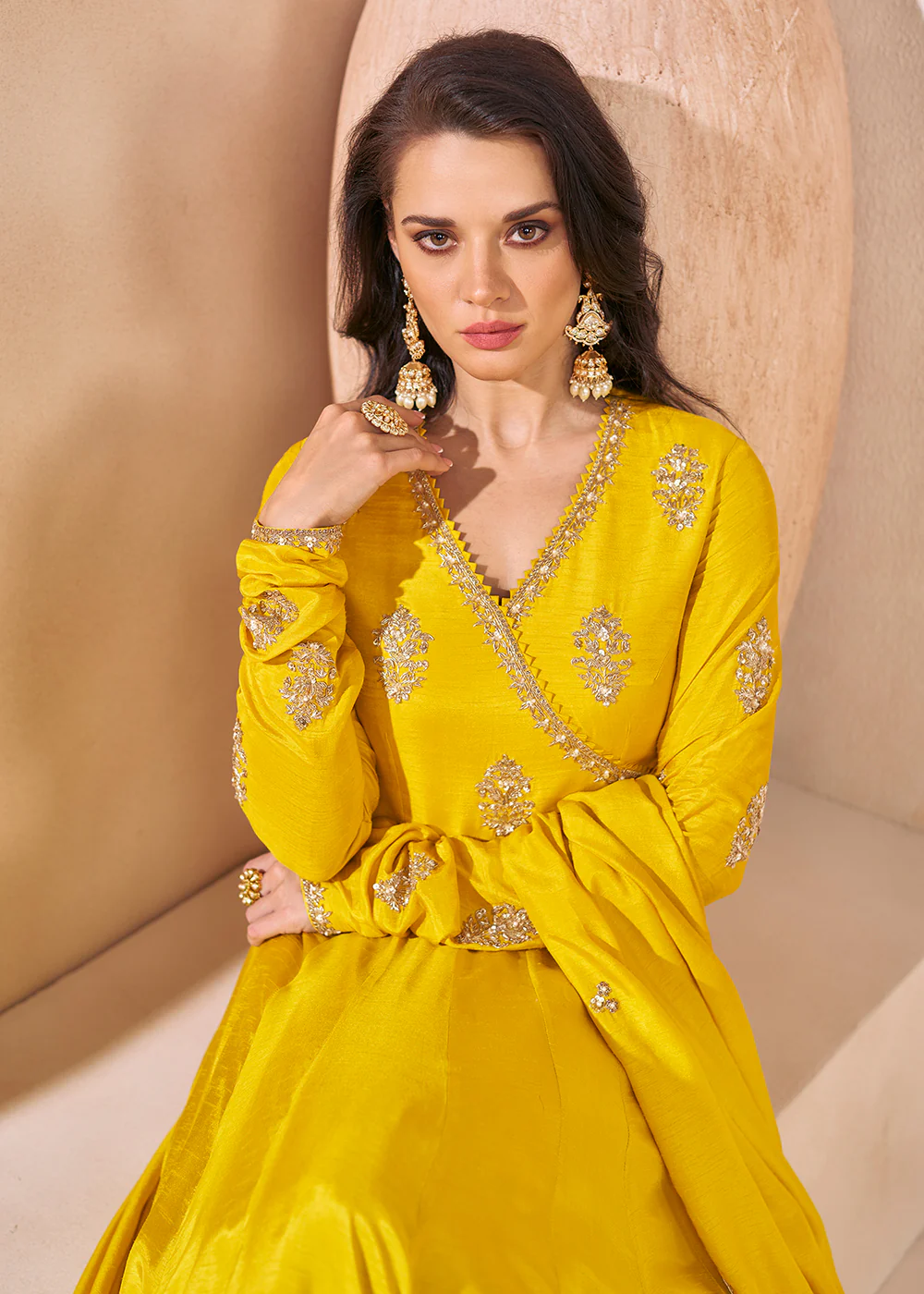 Trendy Mustard Yellow Silk Embroidered Anarkali Gown - Image 2
