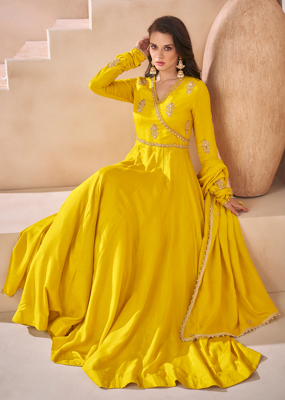 Trendy Mustard Yellow Silk Embroidered Anarkali Gown - Image 3