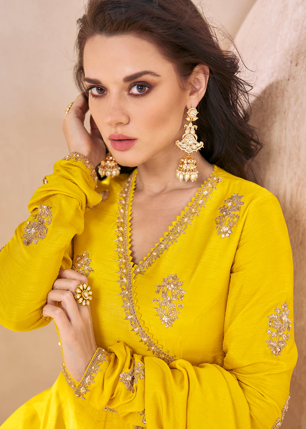 Trendy Mustard Yellow Silk Embroidered Anarkali Gown - Image 4