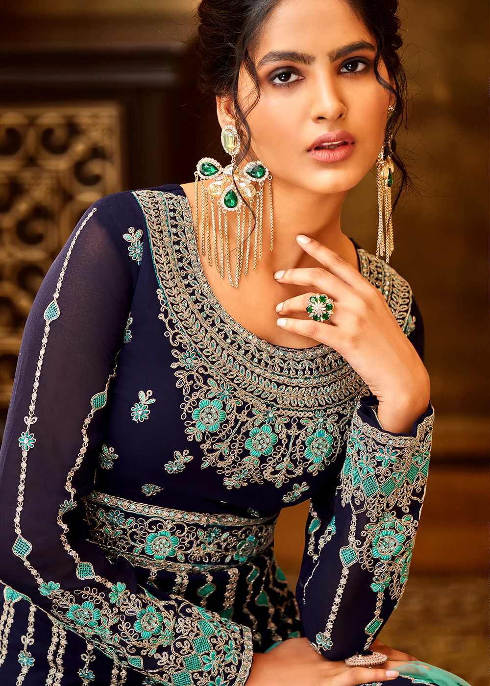 Trendy Navy Blue & Aqua Embroidered Wedding Anarkali Gown - Image 2