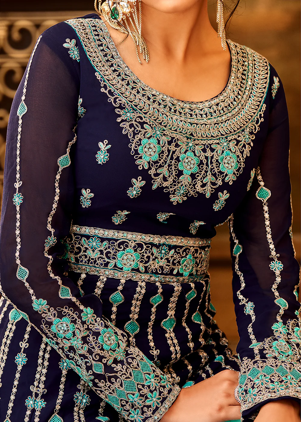 Trendy Navy Blue & Aqua Embroidered Wedding Anarkali Gown - Image 3