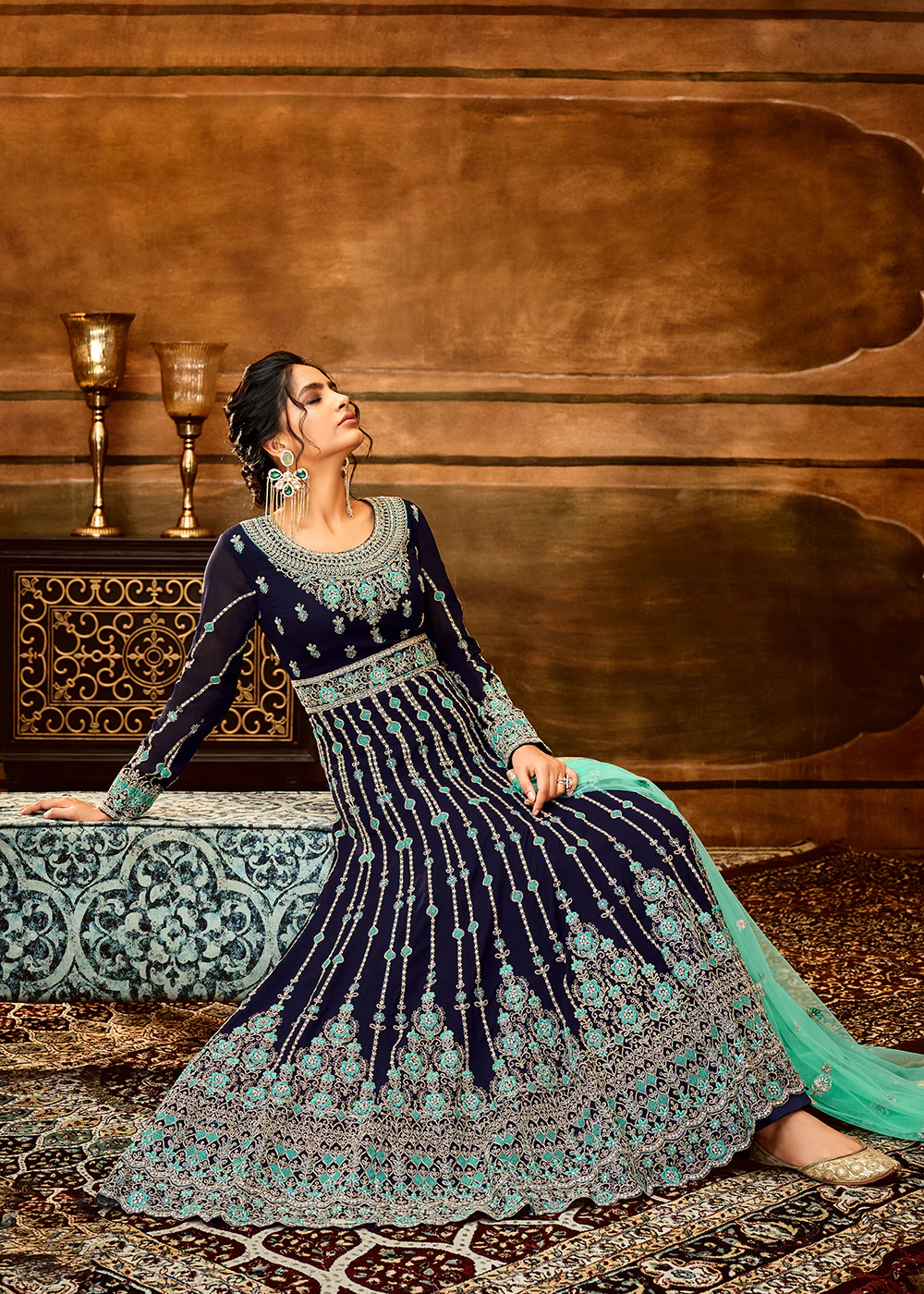 Trendy Navy Blue & Aqua Embroidered Wedding Anarkali Gown - Image 4