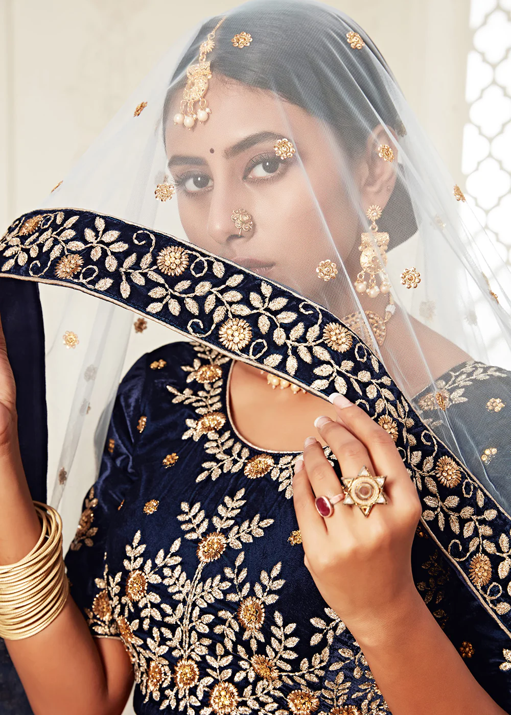 Trendy Navy Blue Velvet Embroidered Wedding Lehenga Choli - Image 2