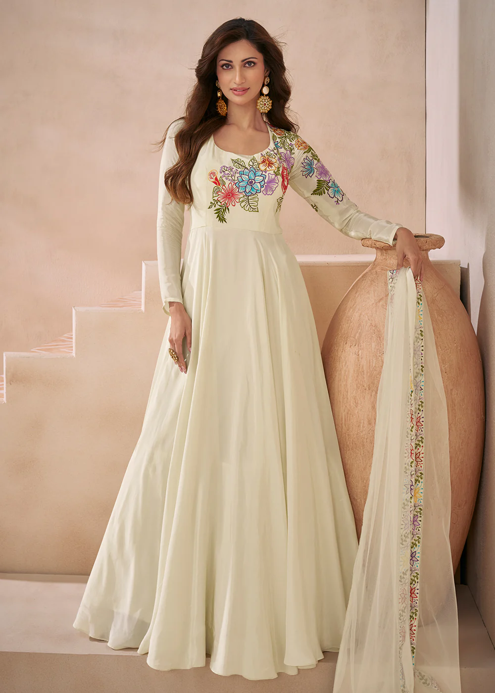 Trendy Off White Silk Embroidered Anarkali Gown - Image 3
