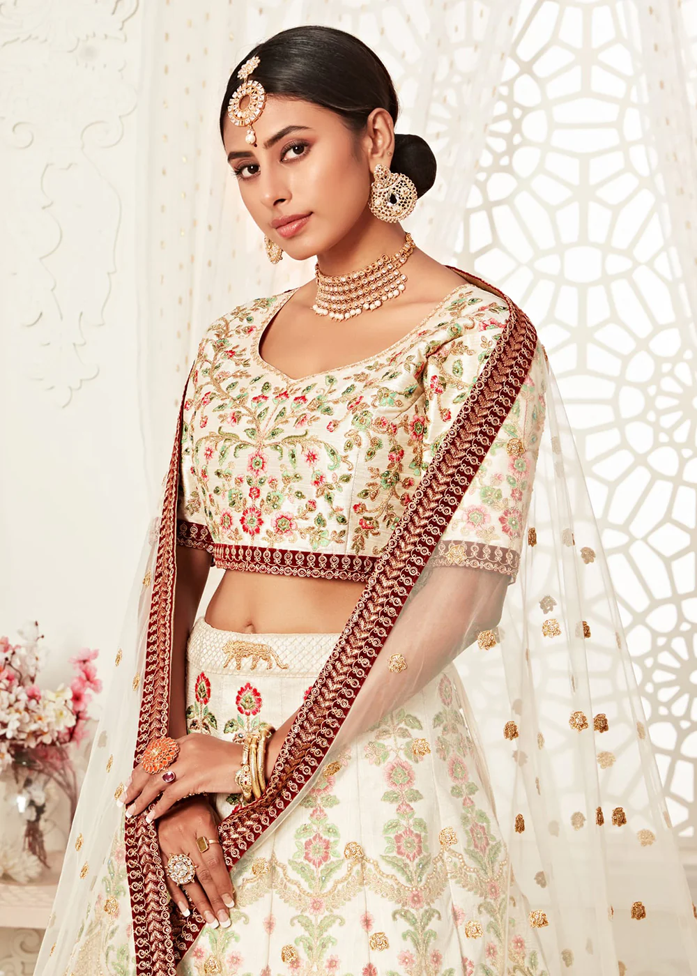 Trendy Off White Silk Embroidered Wedding Lehenga Choli - Image 4