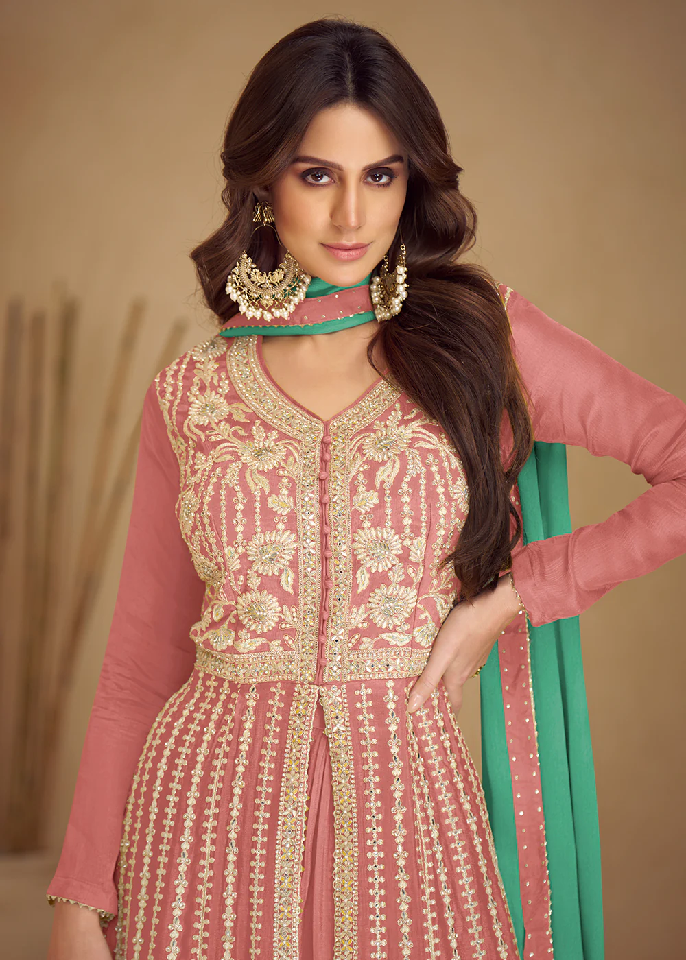 Trendy Peach Embroidered Anarkali Style Palazzo Suit - Image 2