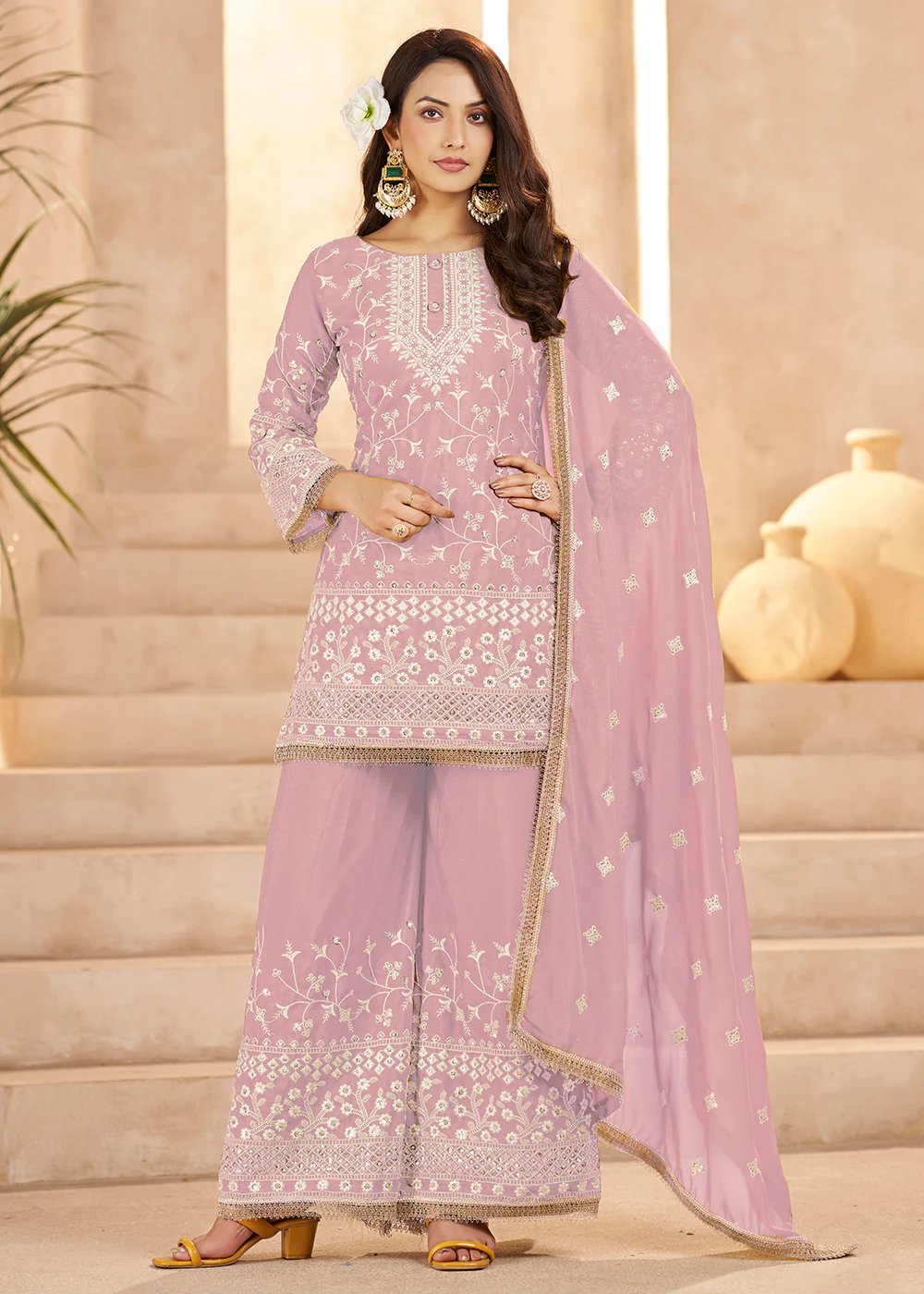 Trendy Pink Color Embroidered Georgette Palazzo Suit