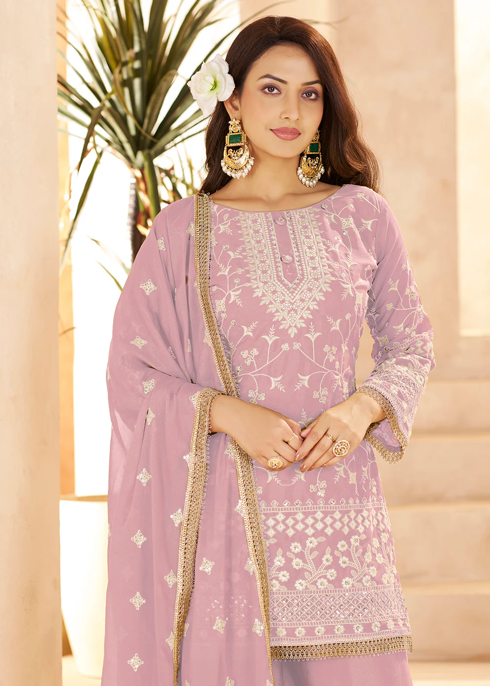 Trendy Pink Color Embroidered Georgette Palazzo Suit - Image 2