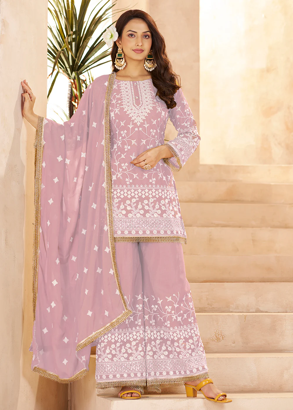 Trendy Pink Color Embroidered Georgette Palazzo Suit - Image 3