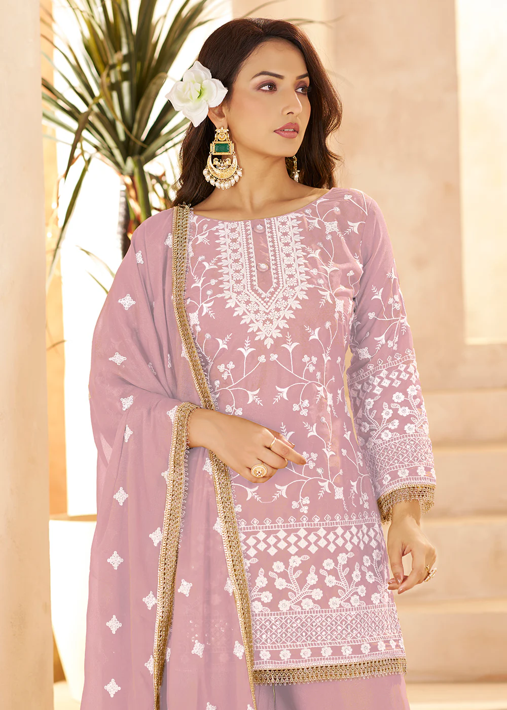 Trendy Pink Color Embroidered Georgette Palazzo Suit - Image 4