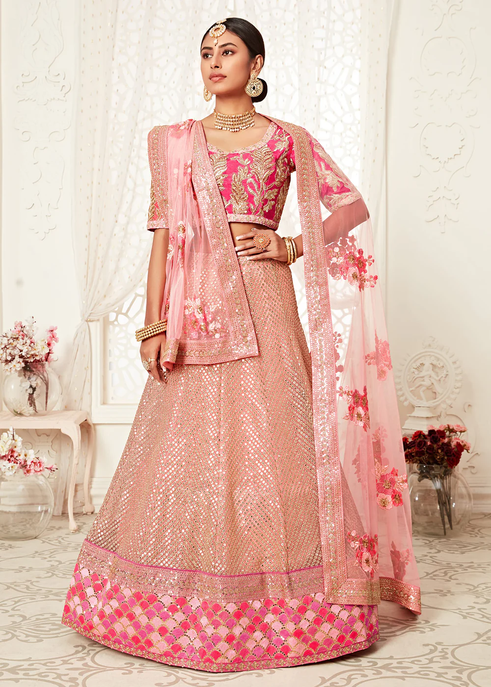 Trendy Pink Net Embroidered Wedding Lehenga Choli - Image 5