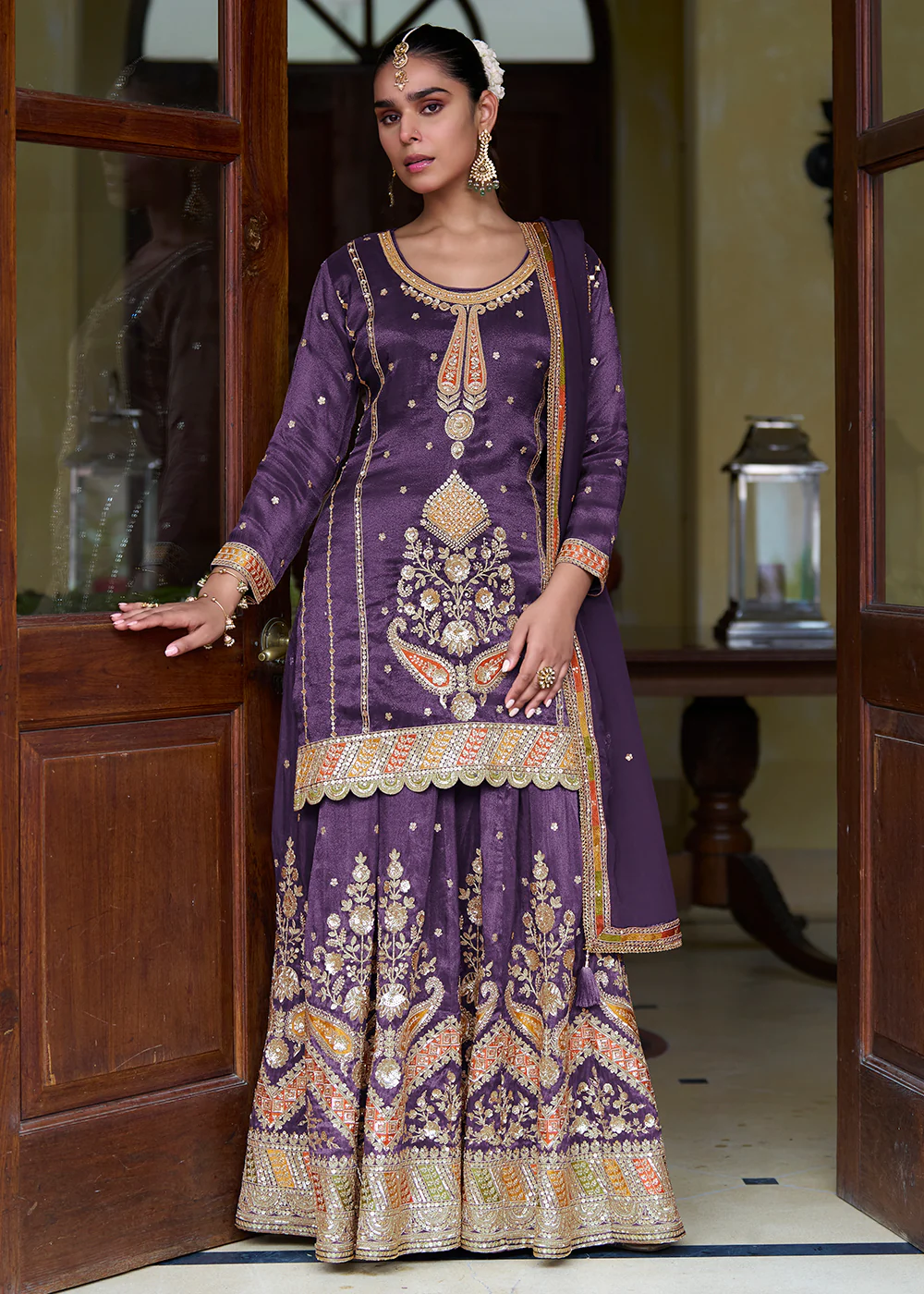 Trendy Purple Shimmer Silk Lehenga Style Suit
