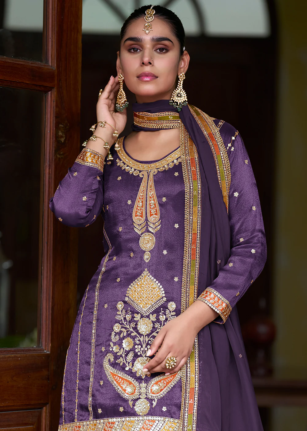 Trendy Purple Shimmer Silk Lehenga Style Suit - Image 2