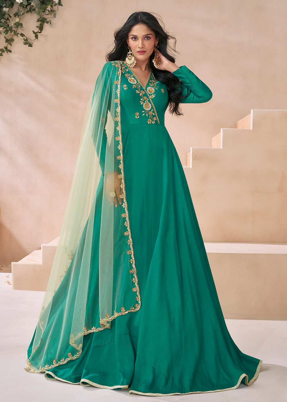 Trendy Rama Green Silk Embroidered Anarkali Gown - Image 3