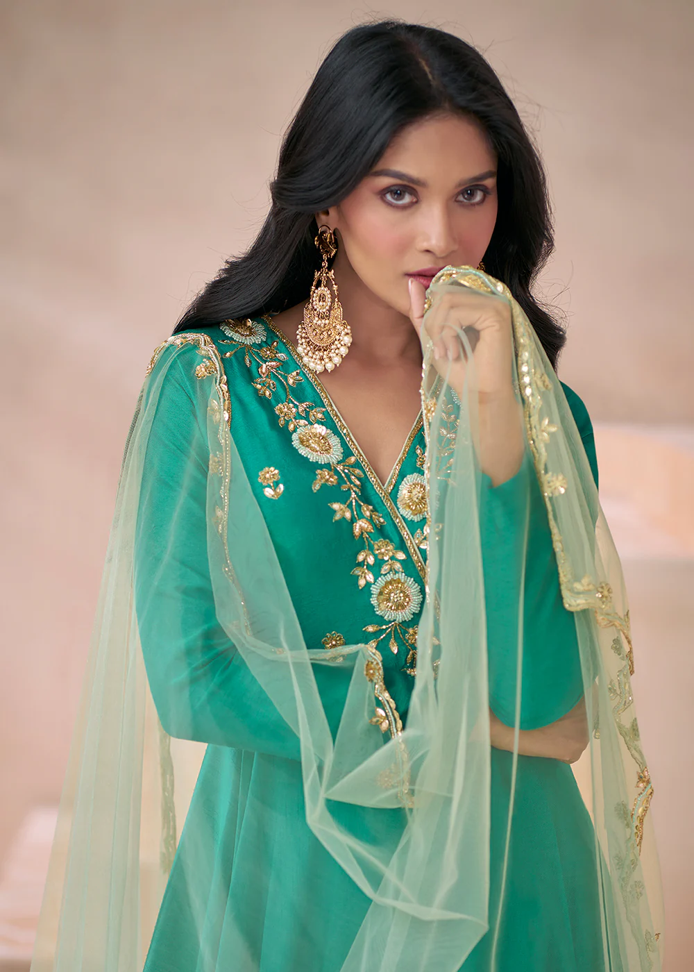 Trendy Rama Green Silk Embroidered Anarkali Gown - Image 4