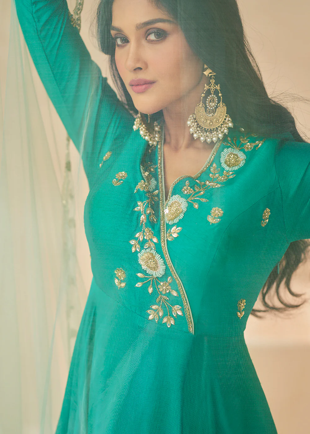 Trendy Rama Green Silk Embroidered Anarkali Gown - Image 5