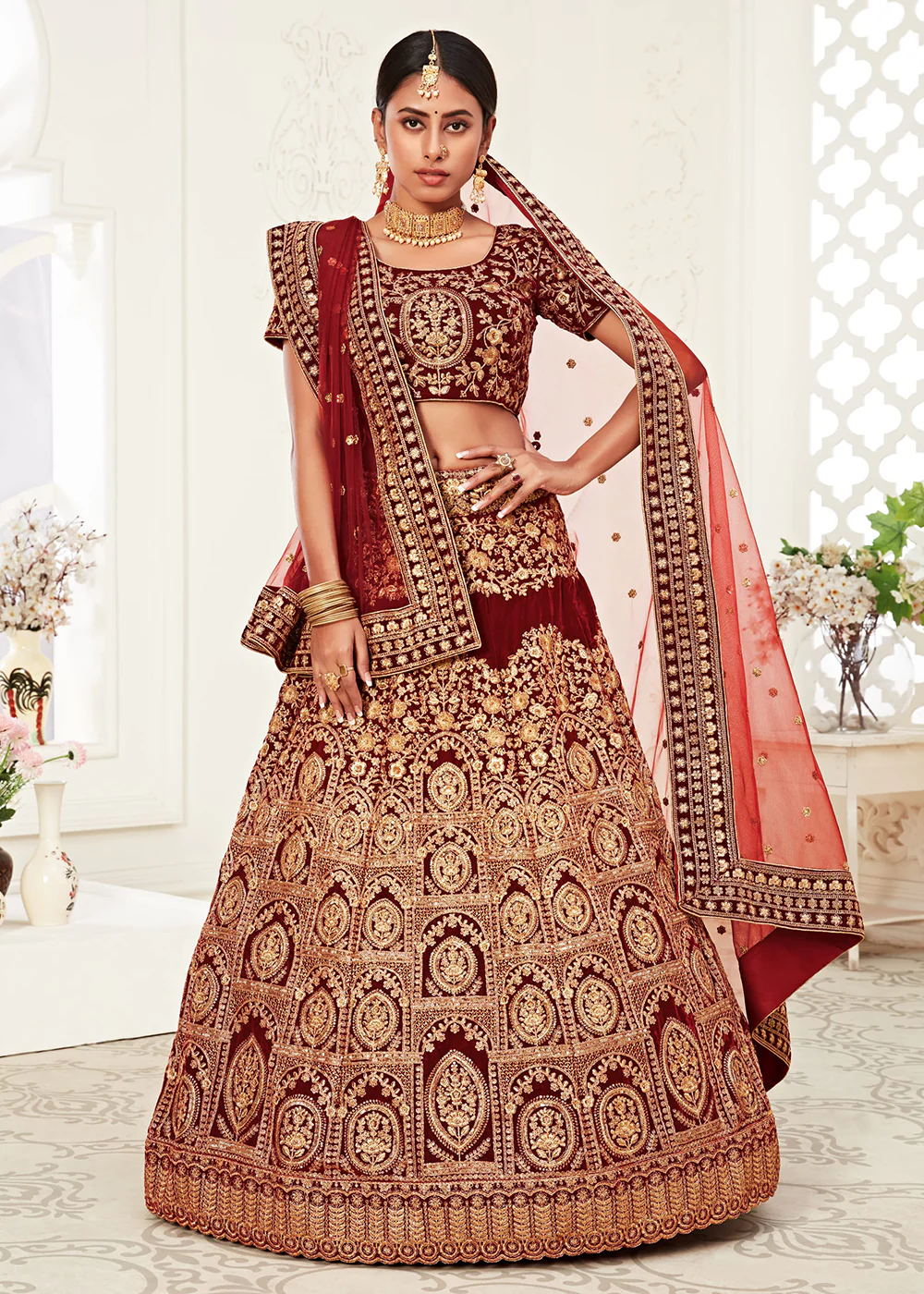 Trendy Red Velvet Embroidered Wedding Lehenga Choli - Image 5