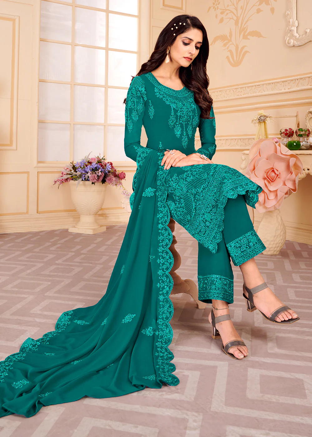 Trendy Teal Blue Georgette Eid Wear Salwar Kurta Suit - Image 3