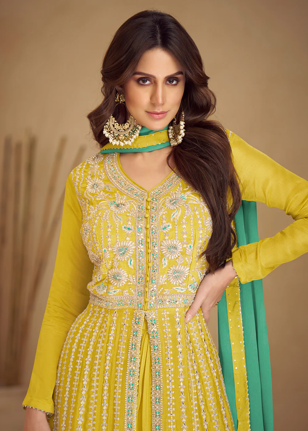 Trendy Yellow Embroidered Anarkali Style Palazzo Suit - Image 2