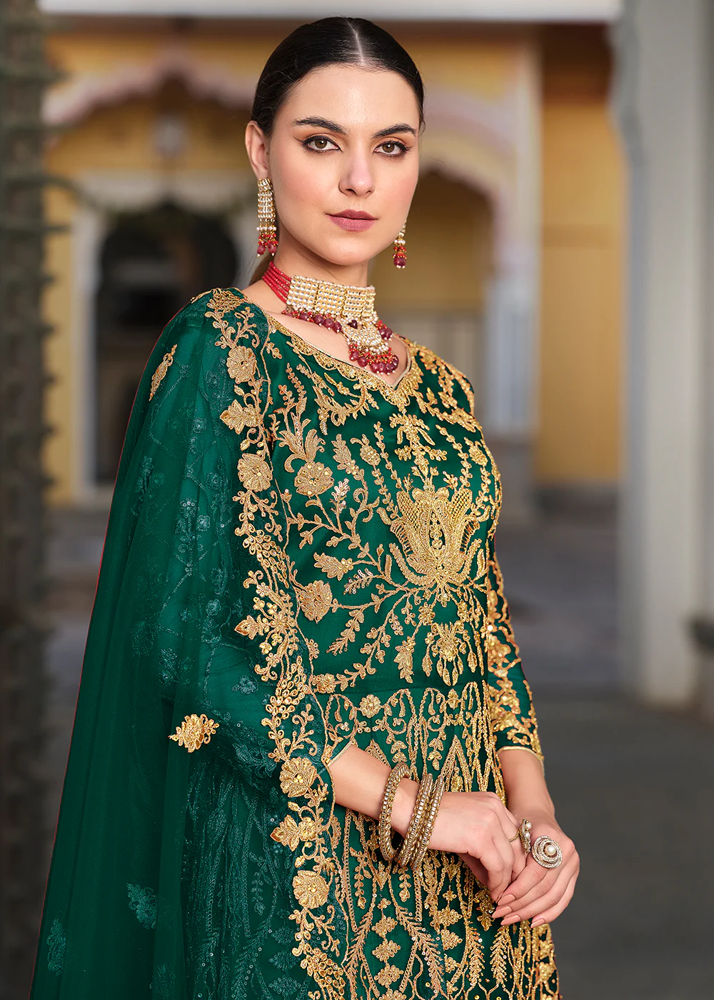 Trilling Green Cording & Stone Work Wedding Anarkali Suit - Image 4
