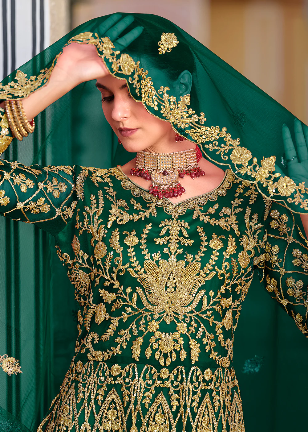 Trilling Green Cording & Stone Work Wedding Anarkali Suit - Image 5