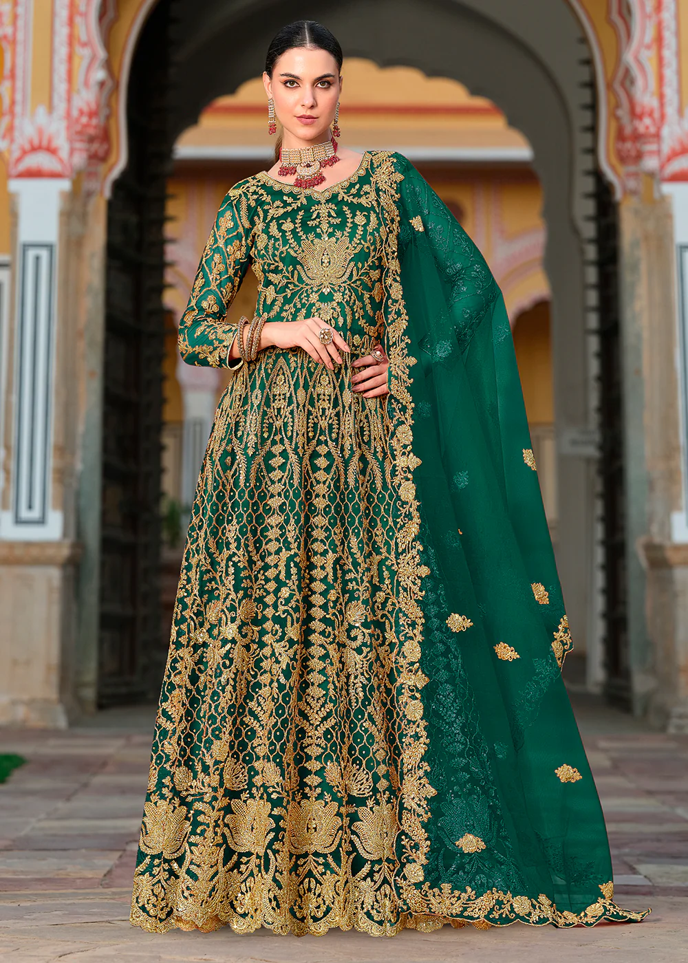Trilling Green Cording & Stone Work Wedding Anarkali Suit - Image 6