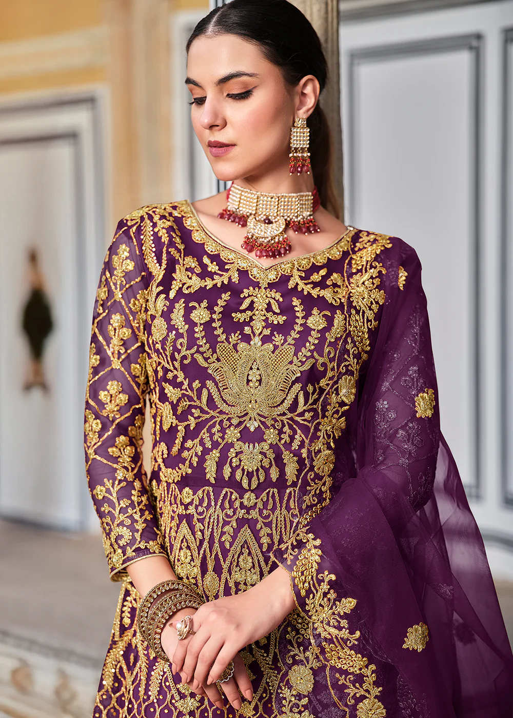 Trilling Purple Cording & Stone Work Wedding Anarkali Suit - Image 2