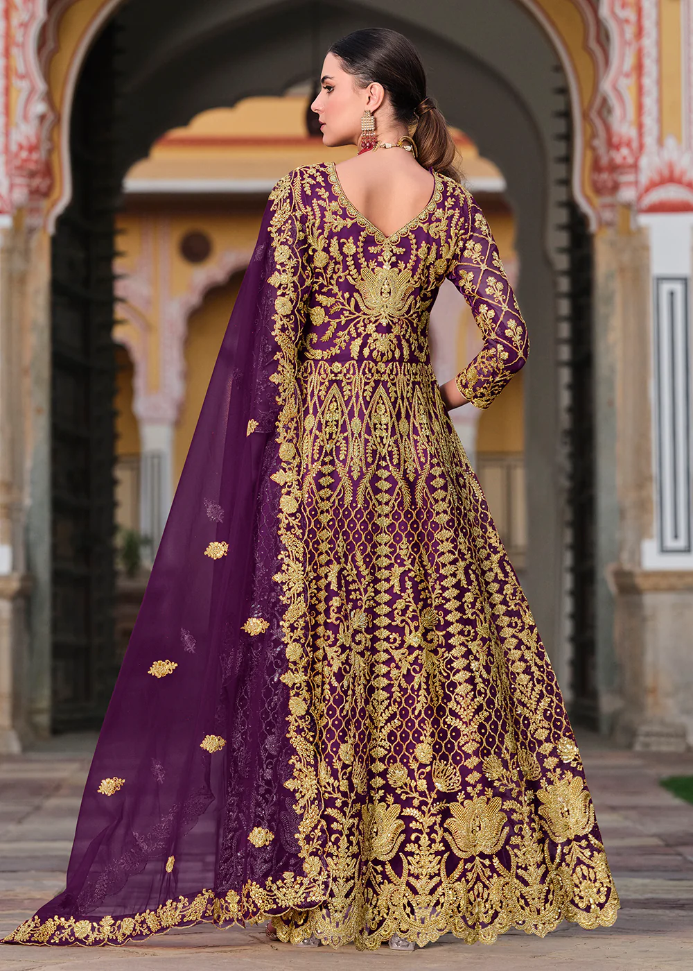Trilling Purple Cording & Stone Work Wedding Anarkali Suit - Image 3
