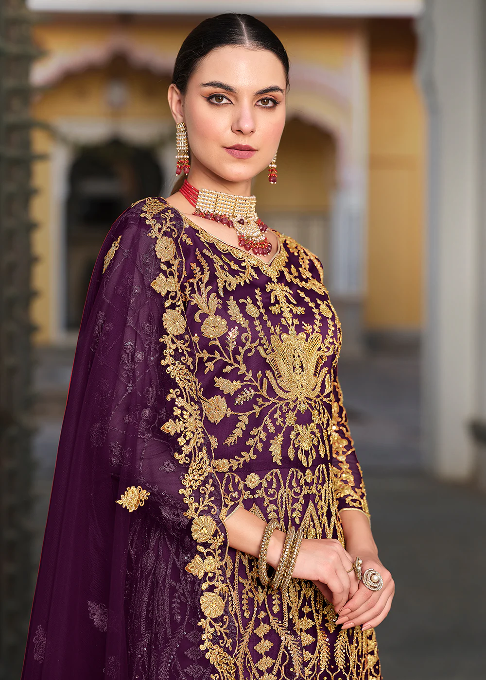Trilling Purple Cording & Stone Work Wedding Anarkali Suit - Image 4