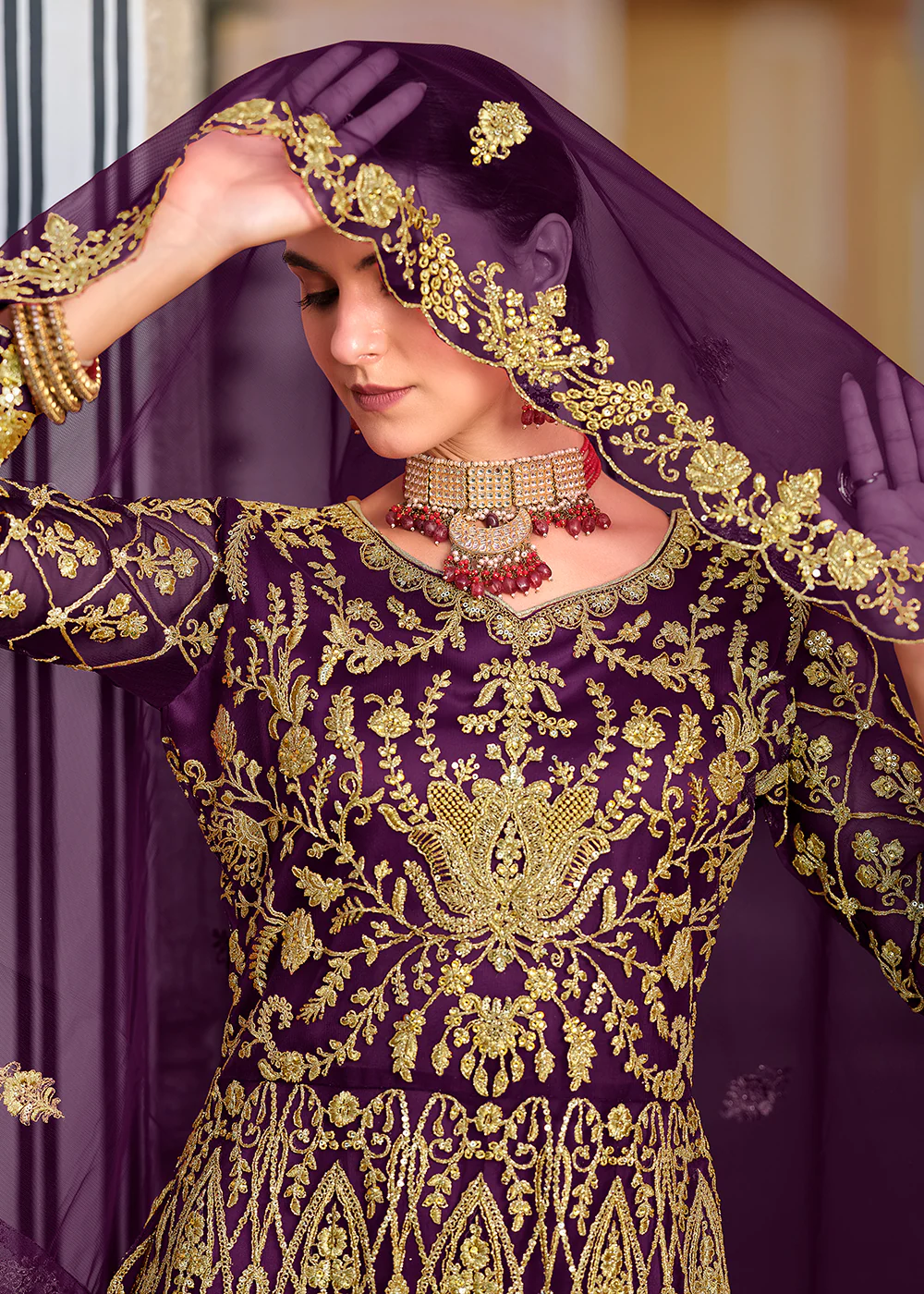 Trilling Purple Cording & Stone Work Wedding Anarkali Suit - Image 5