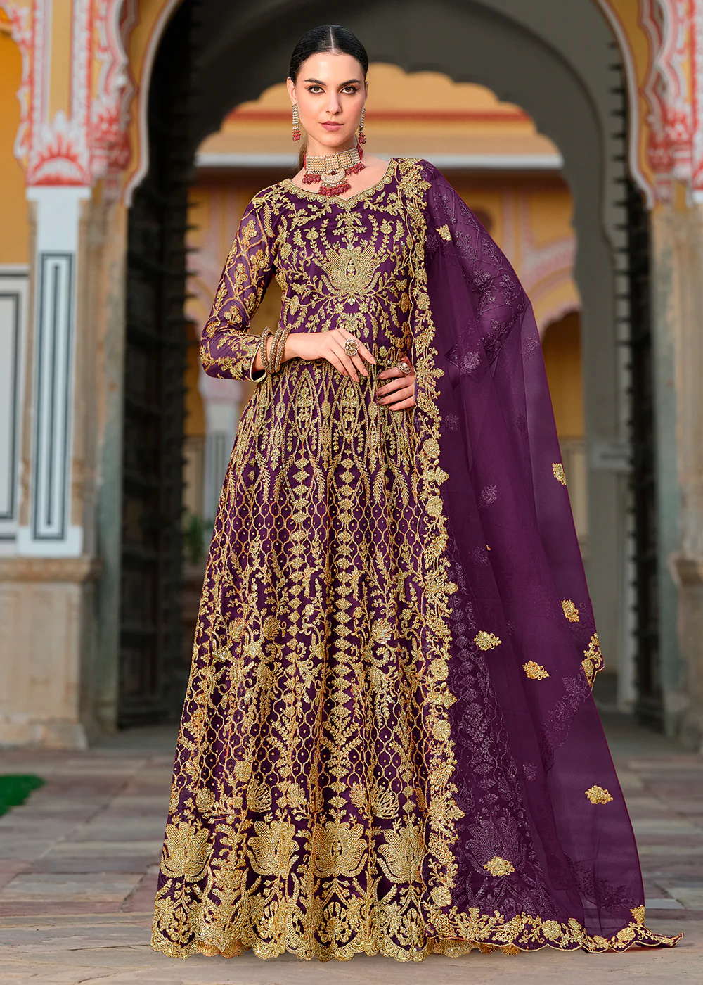 Trilling Purple Cording & Stone Work Wedding Anarkali Suit - Image 6