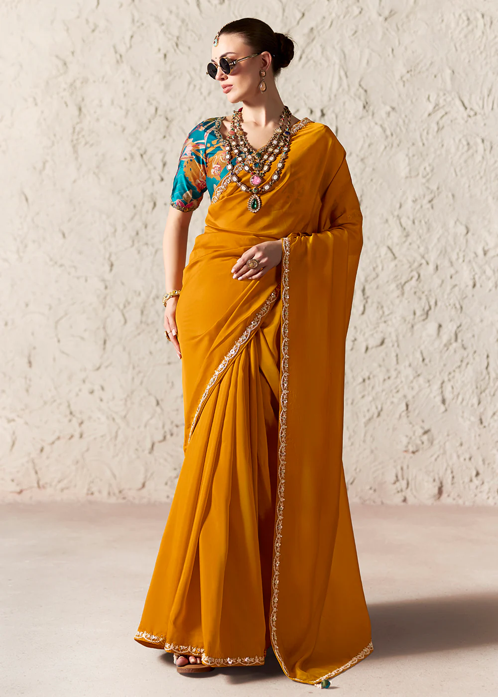Turmeric Glass Tissue Organza Designer Wear Saree